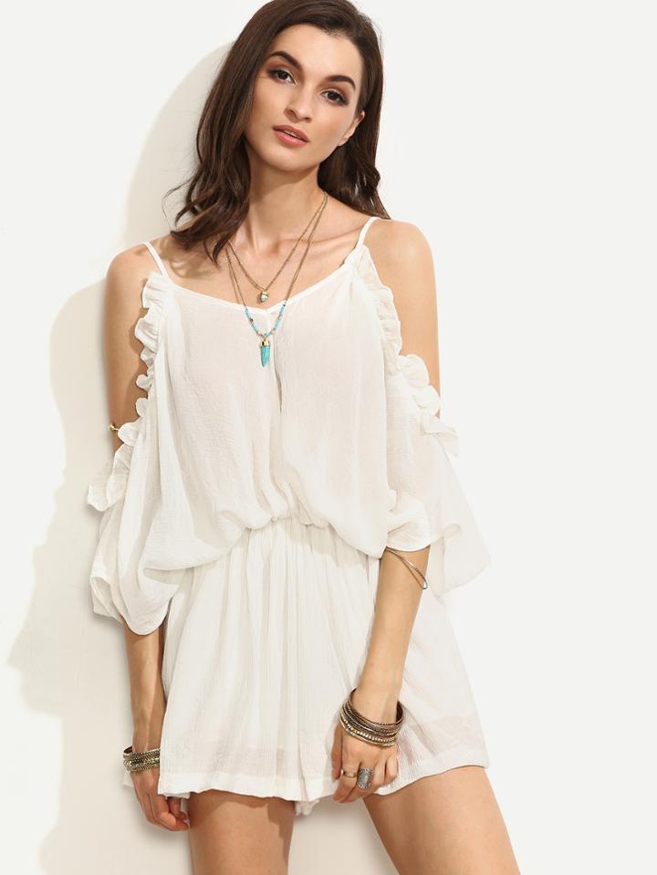 Shein White Ruffled Cold Shoulder Crinkle Romper