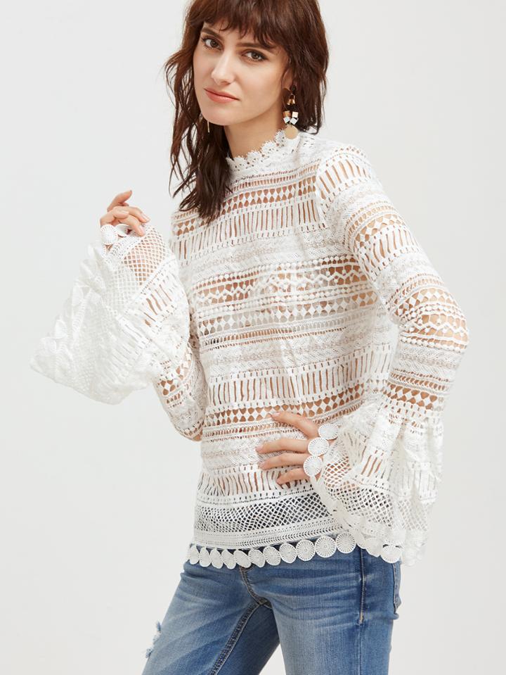 Shein Flute Sleeve Hollow Out Embroidered Lace Top