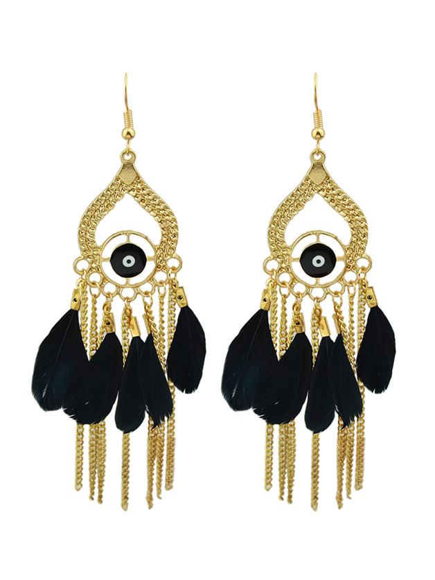 Shein Black Retro Style Colorful Feather Chandelier Earrings