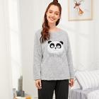 Shein Panda Embroidered Plush Top & Pants Pj Set