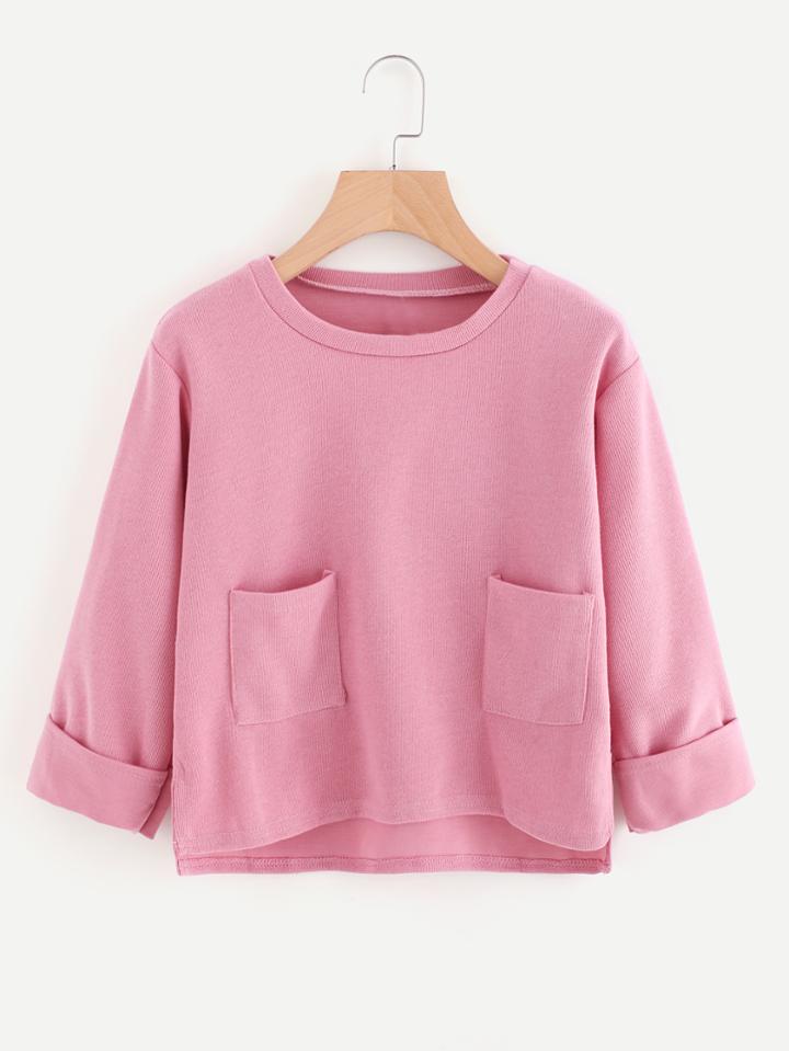 Shein Dual Pocket Dip Hem Cuffed Tee