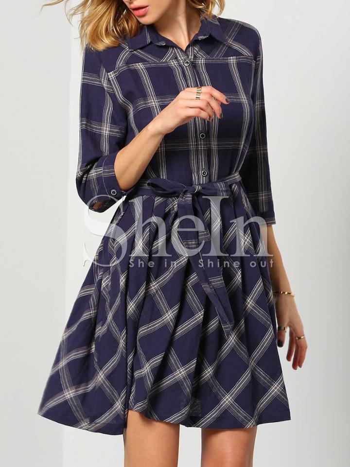 Shein Navy Lapel Plaid Pleated Dress