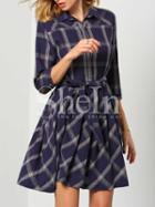 Shein Navy Lapel Plaid Pleated Dress