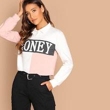 Shein Color Block Letter Collar Pullover