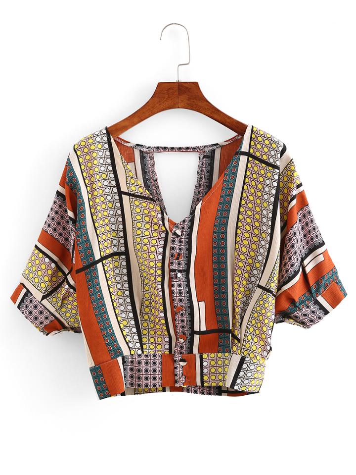 Shein Cutout Back Circle Print Crop Blouse