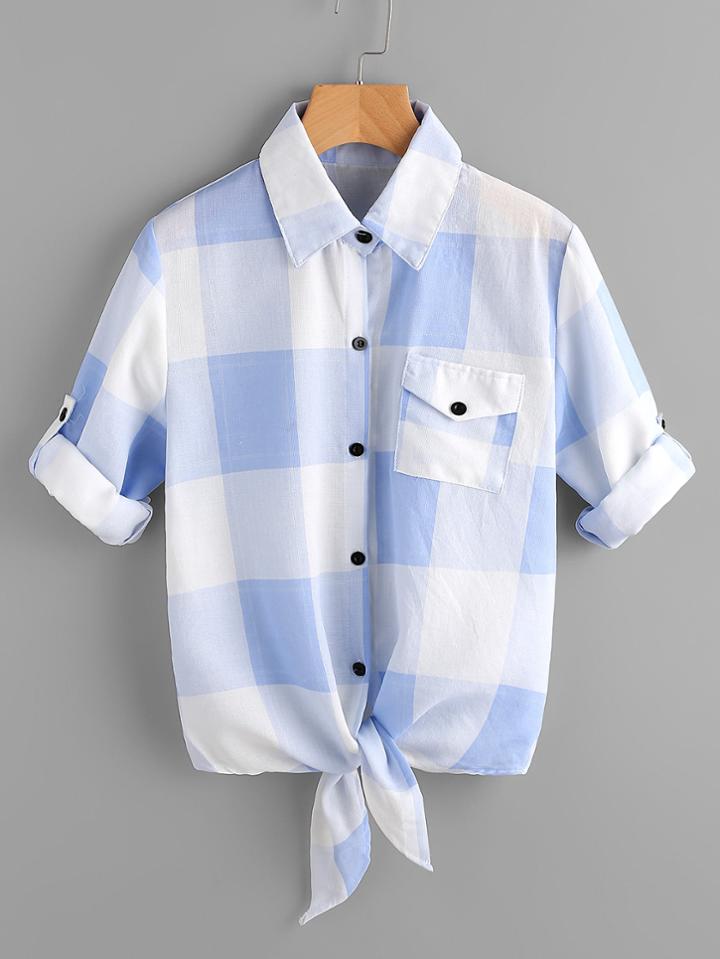 Shein Check Plaid Roll Tab Sleeve Knotted Shirt