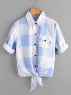 Shein Check Plaid Roll Tab Sleeve Knotted Shirt