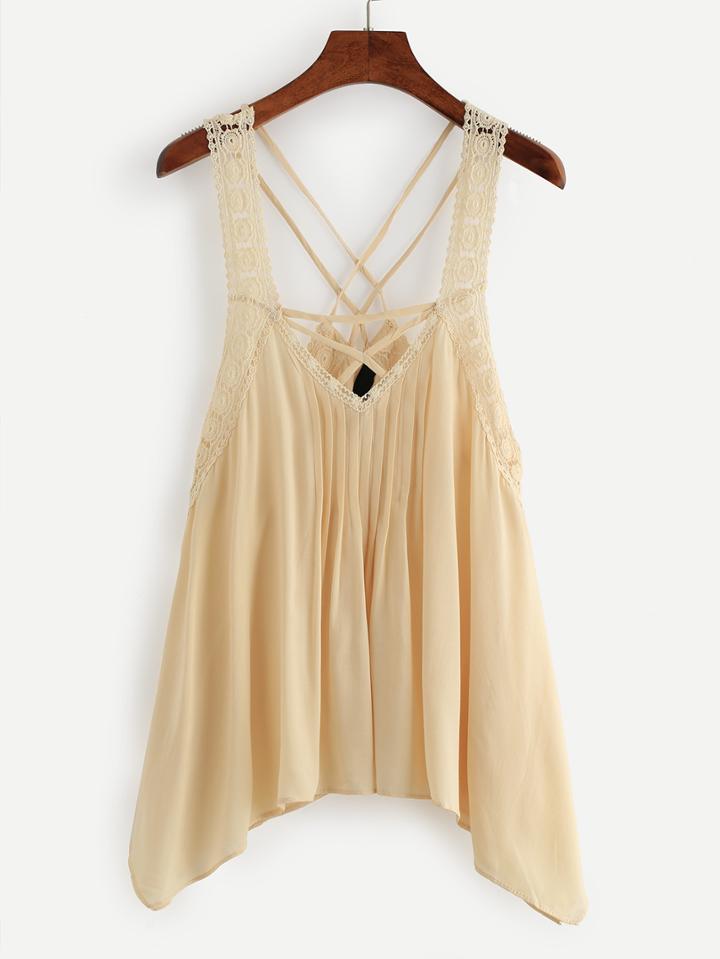 Shein Apricot Lace Trimmed Strappy Asymmetric Tank Top