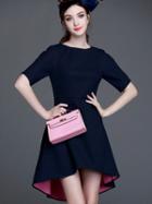 Shein Navy Round Neck Short Sleeve Pockets High Low Dress