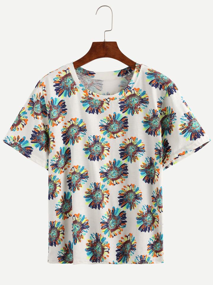 Shein White Chrysanthemum Print T-shirt