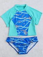 Shein Blue Printed Short Sleeve Two-piece Swimwear