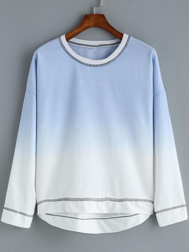 Shein Blue Ombre Round Neck Dip Hem T-shirt