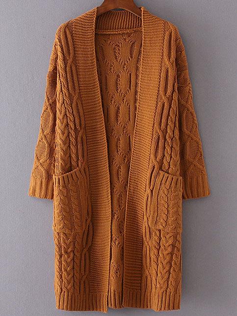 Shein Khaki Drop Shoulder Pocket Cable Knit Long Cardigan