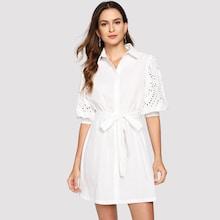 Shein Lantern Sleeve Embroidered Eyelet Shirt Dress