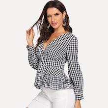 Shein Button Back Layered Ruffle Hem Wrap Striped Top