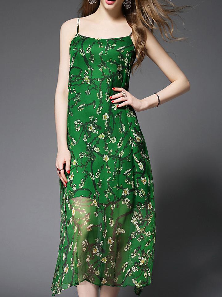 Shein Green Spaghetti Strap Floral Shift Dress