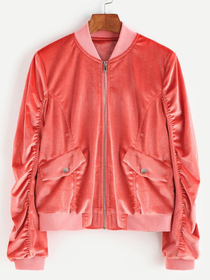 Shein Zip Up Shirred Velvet Bomber Jacket