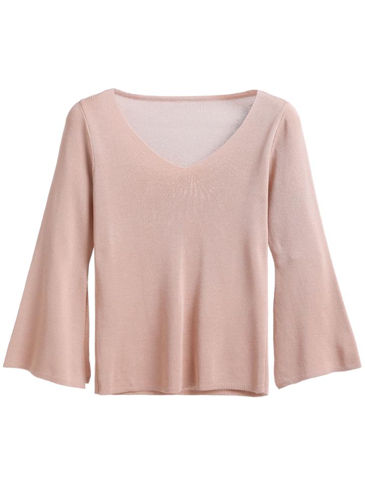 Shein Khaki V Neck Split Sleeve Jersey Sweater