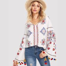Shein Bell Sleeve Tassel Detail Floral Blouse