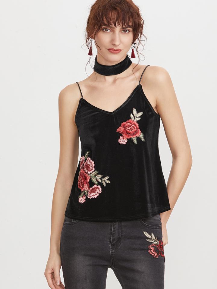 Shein Black Embroidered Flower Applique Velvet Cami Top With Choker