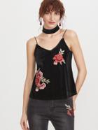 Shein Black Embroidered Flower Applique Velvet Cami Top With Choker