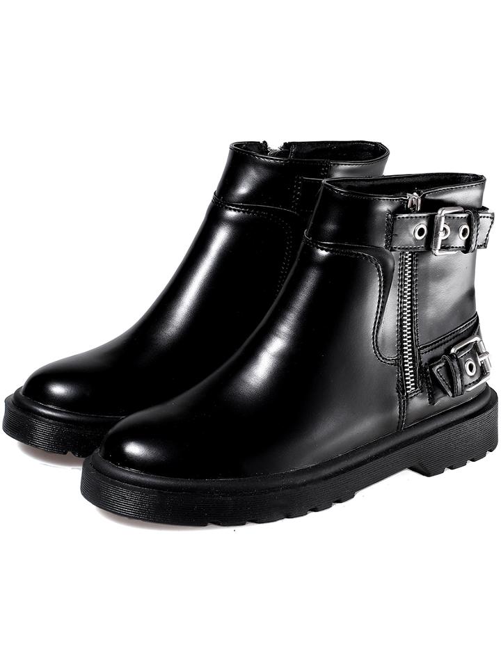 Shein Black Round Toe Buckle Side Zipper Short Boots