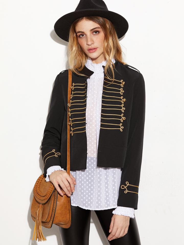 Shein Black Band Collar Epaulet Shoulder Jacket With Applique Detail