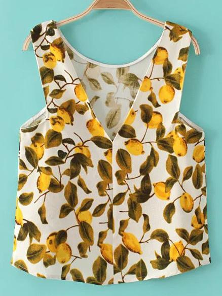 Shein Multicolor V Neck Fruit Print Tank Top