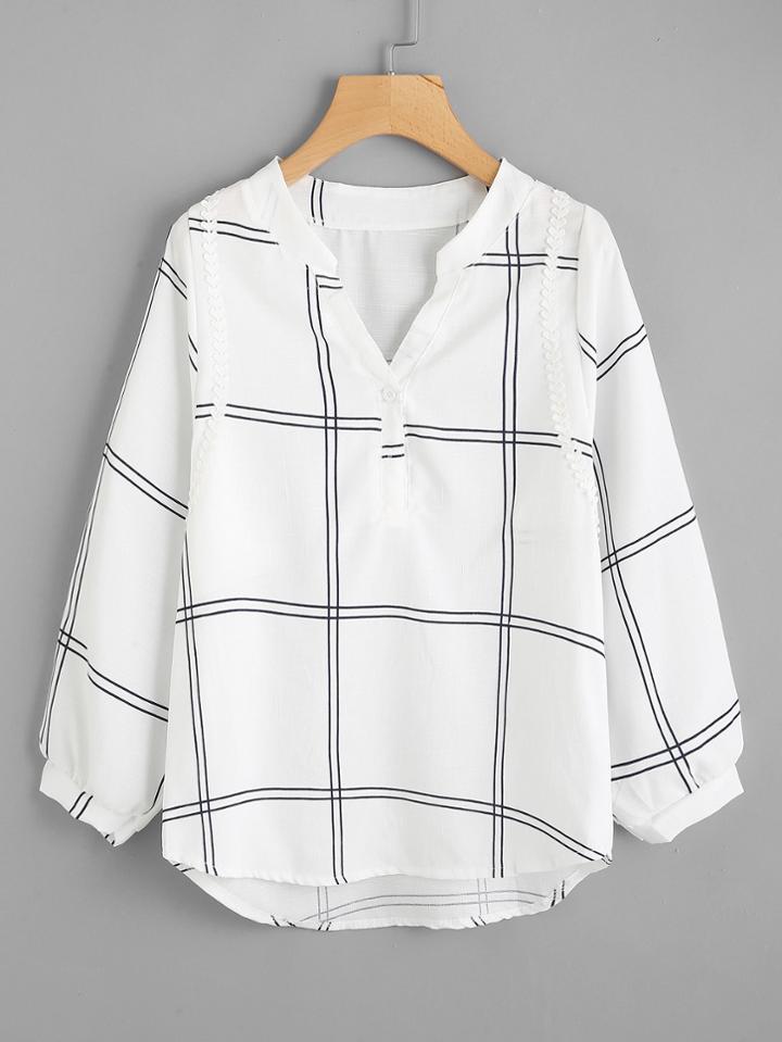 Shein Windowpane Print Lace Trim Decoration Blouse