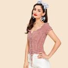 Shein Lace Up Front Frilled Gingham Blouse