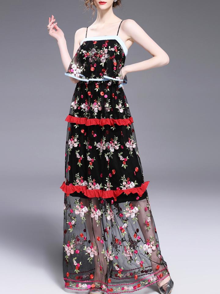 Shein Spaghetti Strap Gauze Embroidered Sheer Flounce Dress