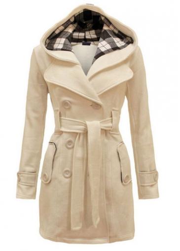 Rosewe Hooded Collar Belt Decorated Beige Coat