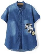 Shein Blue Short Sleeve Letters Print Sequined Denim Blouse