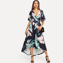 Shein Flutter Sleeve Tropical Wrap Dress