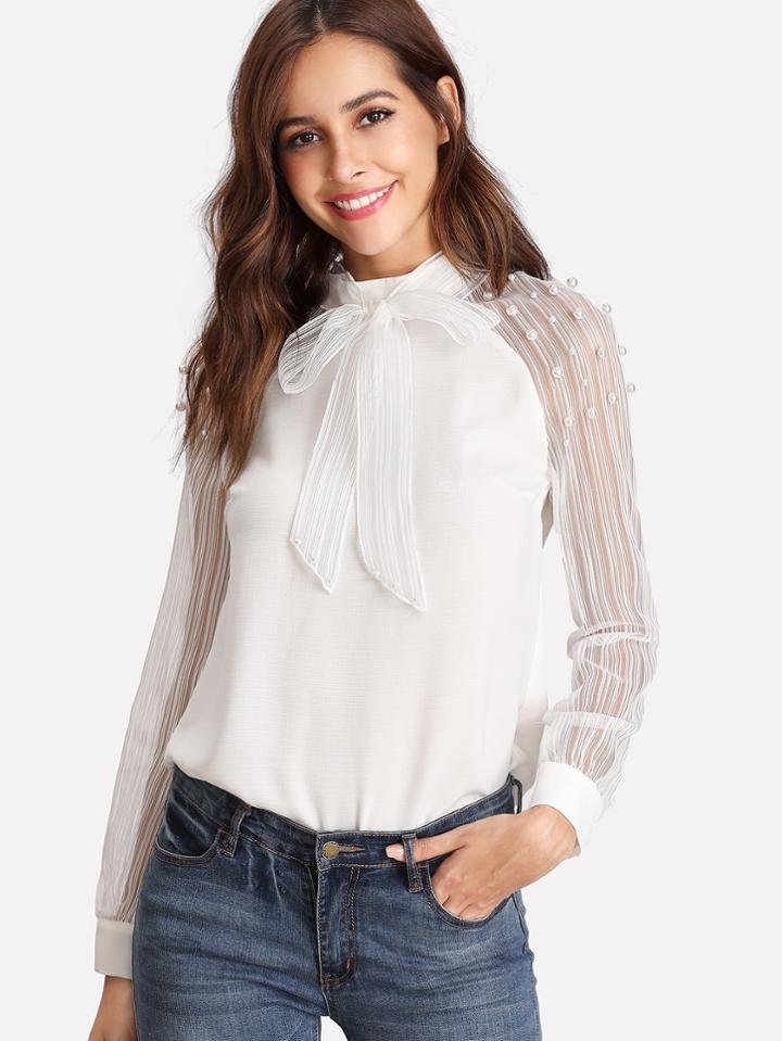 Shein Pearl Embellished Striped Mesh Sleeve Top