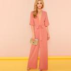 Shein Trumpet Sleeve Plunging Neck Belted Jumpsuit