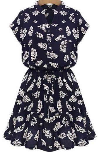 Shein Navy Collars Stand Collar Batwing Leaves Print Dress