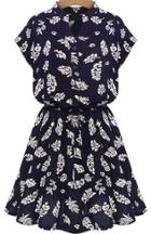 Shein Navy Collars Stand Collar Batwing Leaves Print Dress