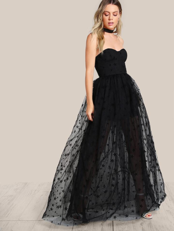 Shein Star Flock Mesh Overlay Strapless Bustier Dress