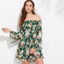 Shein Trumpet Sleeve Floral Smock Dress