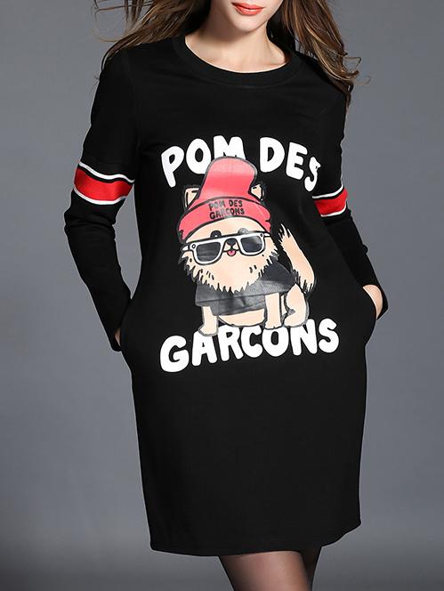 Shein Black Round Neck Cartoon Dog Animals Print Dress