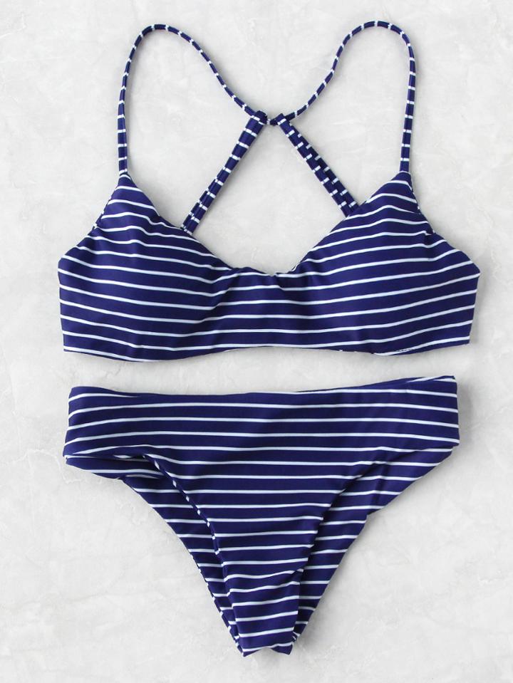 Shein Pinstriped Print Strappy Back Bikini Set