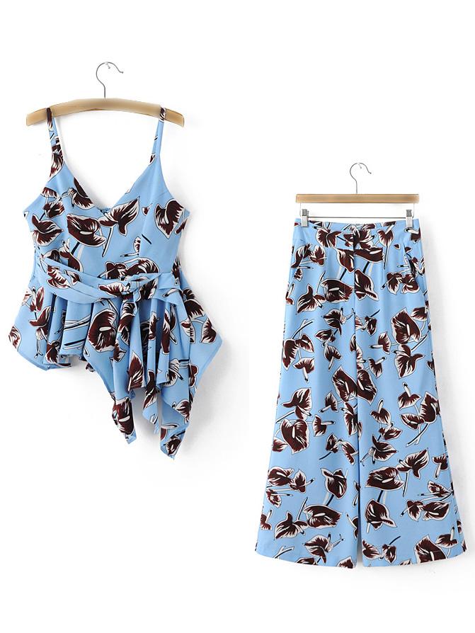 Shein Blue Spaghetti Strap Asymmetric Vest With Wide Leg