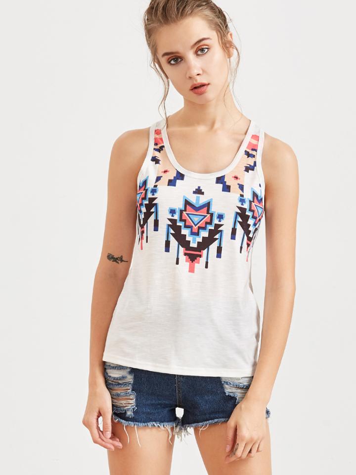 Shein White Tribal Print Slub Tank Top