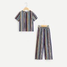 Shein Girls Keyhole Back Striped Top & Pants