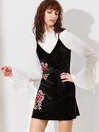 Shein Black Embroidered Flower Applique Velvet Cami Dress With Belt