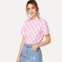 Shein Mock Neck Checked Tee