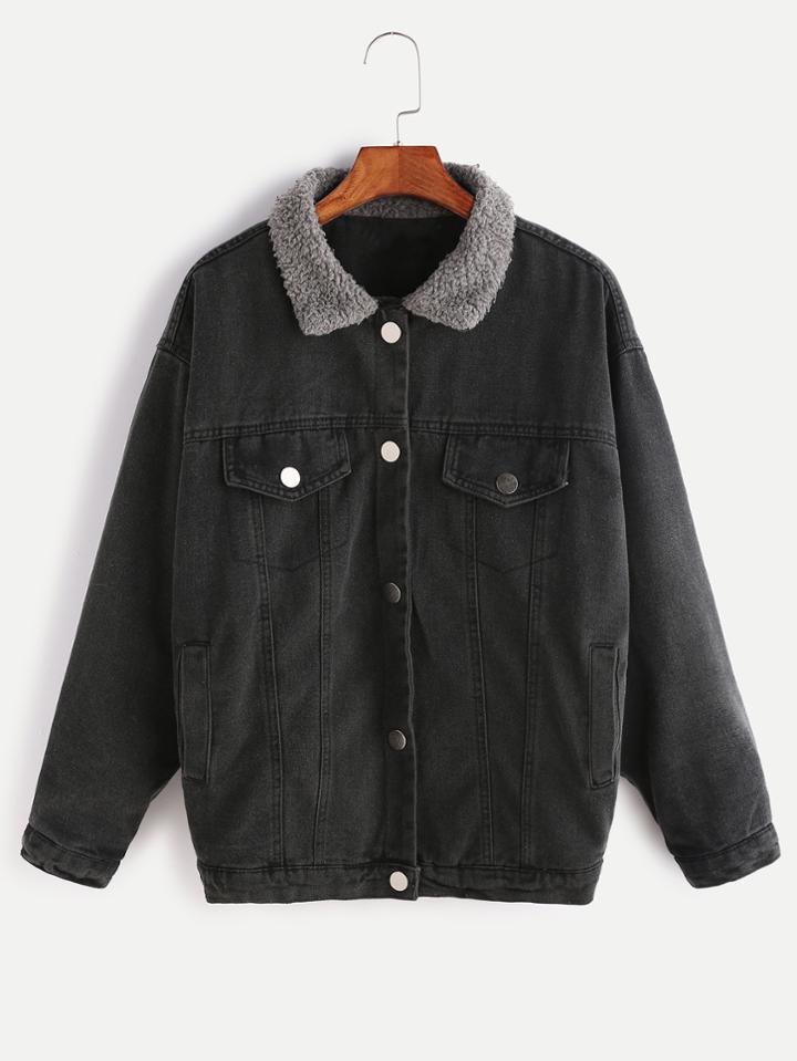 Shein Black Contrast Collar Single Breasted Denim Jacket