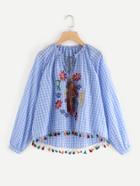 Shein Tasseled Tie Flower Embroidered Gingham Top