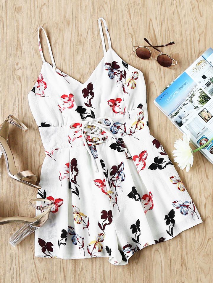 Shein Cami Straps Lace Up Corset Floral Playsuit